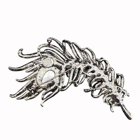 Feather Peacock Large Brooch Pin Lake Blue Crystal Silver Metal Colored Base - Picture 3 of 6